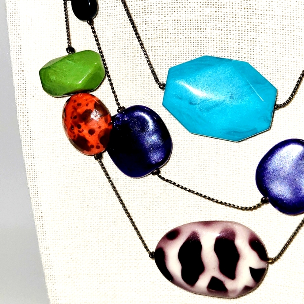 New Necklace, Colored Stone Beaded Black Triple Chain Adjustable Length
